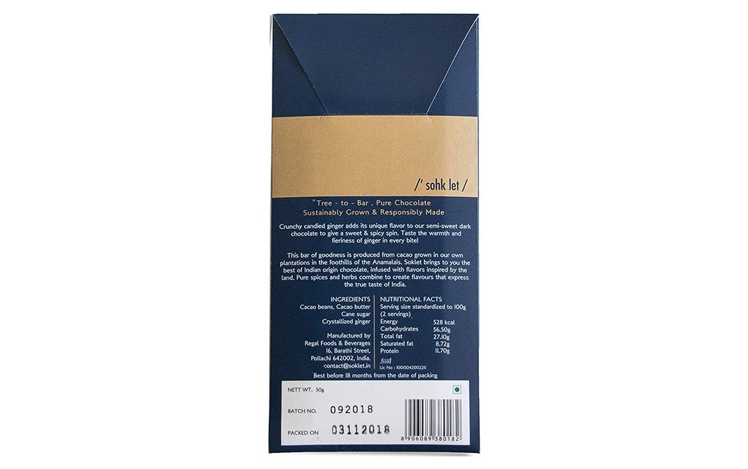 Soklet Candied Ginger 60% Dark Chocolate, Glazed Ginger   Pack  50 grams